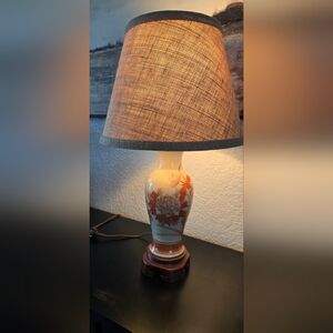 Vintage Ceramic Floral Table Lamp Crackle Glaze Orange Flower Asian Style Wood